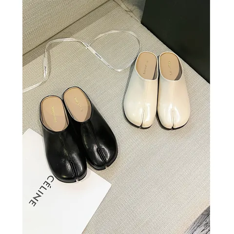 French Style Split Toe Tabi Mules For Women Flat Closed Toe Backless Loafers Comfortable PU Leather Casual Outdoor Shoes