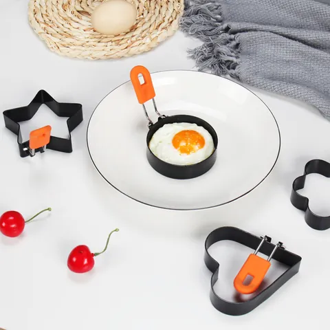 Antihaft-Edelstahl-Spiegelei-Formen mit Faltbarem Silikon-Verbühungsschutzgriff Rund Herz Stern Blume Formen Pfannkuchen DIY Küche Kochwerkzeuge