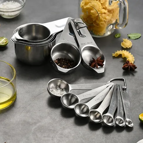 Stainless Steel Measuring Cups And Measuring Spoons Professional Baking Tools With Engraved Scale Markings For Kitchen Cooking Ingredients Accessories
