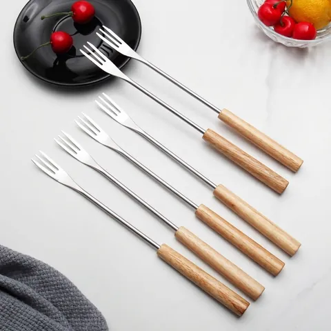 Stainless Steel Fruit Dessert Fork Long Handle For Fondue Cheese BBQ Party Wooden And PP Handled Kitchen Dining Tools