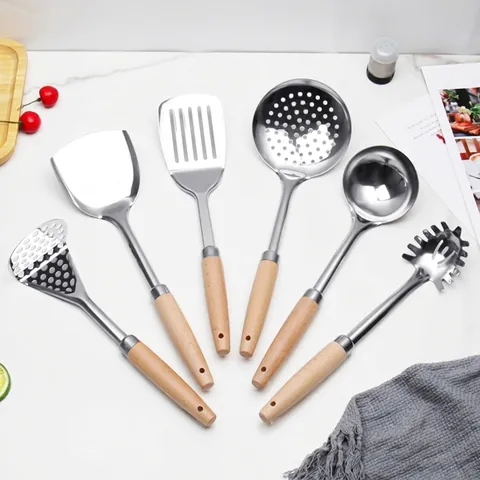 Stainless Steel Kitchen Utensils Set With Wooden Handle Cooking Spatula Slotted Turner Soup Ladle Skimmer Pasta Server Potato Masher