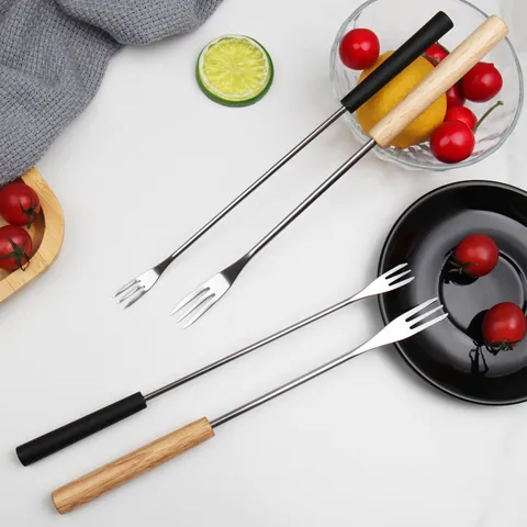 Stainless Steel Fruit Dessert Fork Long Handle For Fondue Cheese BBQ Party Wooden And PP Handled Kitchen Dining Tools