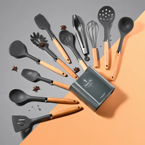 Ensemble d'Ustensiles de Cuisine en Silicone Résistant à la Chaleur Avec Manche en Bois Massif Outils de Cuisine Antiadhésifs Spatule Cuillère Avec Support
