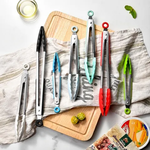 Pince de Cuisine en Silicone et Acier Inoxydable Résistant à la Chaleur Pince Alimentaire Antidérapante pour Barbecue Boulangerie Pain Salade Outils de Cuisine Avec Mécanisme de Verrouillage