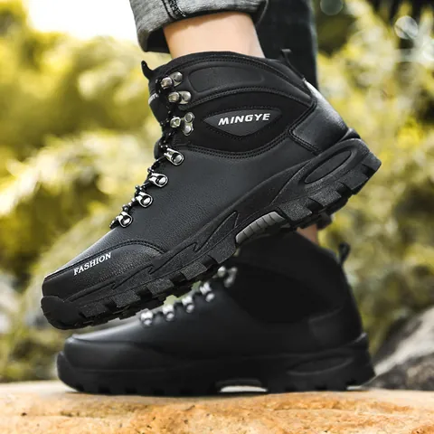 Professional Men's High-Top Hiking Boots PU Leather Upper Non-Slip TPR Sole Winter Warm Outdoor Trekking Shoes For Mountaineering
