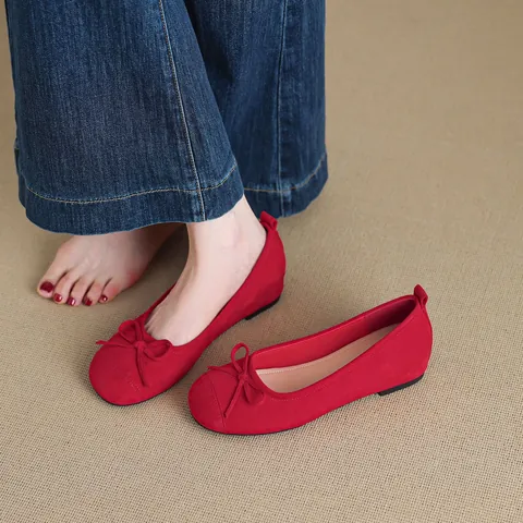 French Style Women's Microfiber Ballet Flats Round Toe Bowknot Hidden Wedges Shallow Mouth Casual Slip-On Gentle Dress Shoes