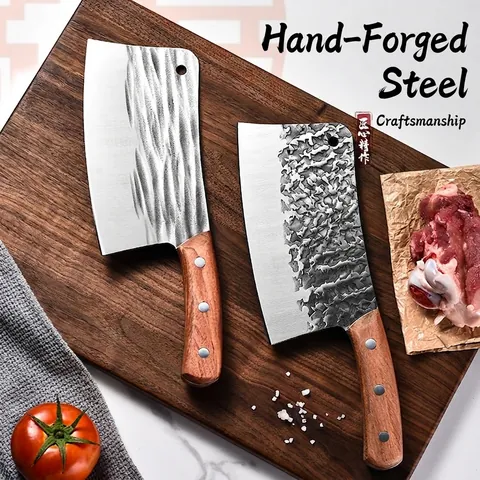 Heavy Duty Forged Cleaver Knife High Carbon Steel Meat Chopper With Hammer Wave Pattern Wood Handle For Kitchen Bone Cutting