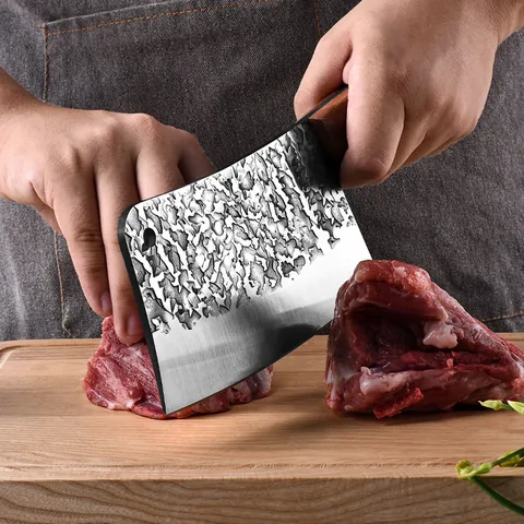 Heavy Duty Forged Cleaver Knife High Carbon Steel Meat Chopper With Hammer Wave Pattern Wood Handle For Kitchen Bone Cutting