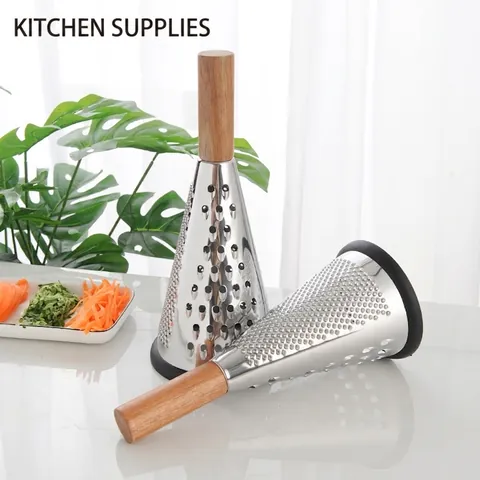 Stainless Steel Conical Cheese Grater With Wooden Handle And Non-slip Base Multi-purpose Vegetable Shredder Kitchen Tool