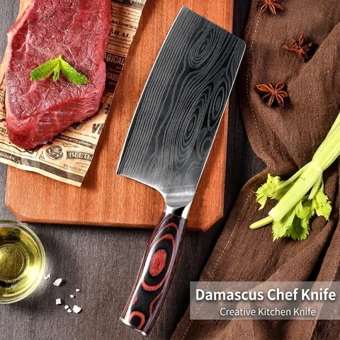 Professional Damascus Steel Pattern Kitchen Chef Knife Forged Carbon Steel Slicing Cleaver With Ergonomic Color Wood Handle