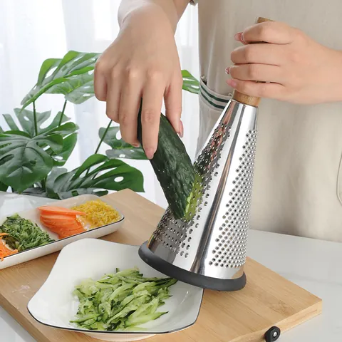 Stainless Steel Conical Cheese Grater With Wooden Handle And Non-slip Base Multi-purpose Vegetable Shredder Kitchen Tool