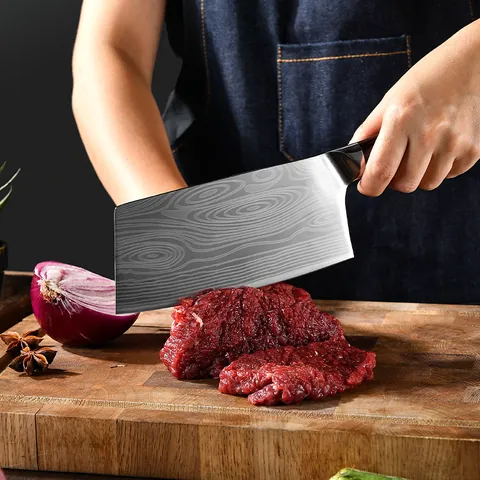 Professional Damascus Steel Pattern Kitchen Chef Knife Forged Carbon Steel Slicing Cleaver With Ergonomic Color Wood Handle