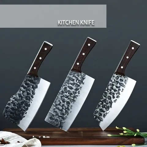 Forged High Carbon Steel Kitchen Knife With Hammered Texture Sharp Professional Cleaver Slicing Knife Bone Chopper For Home