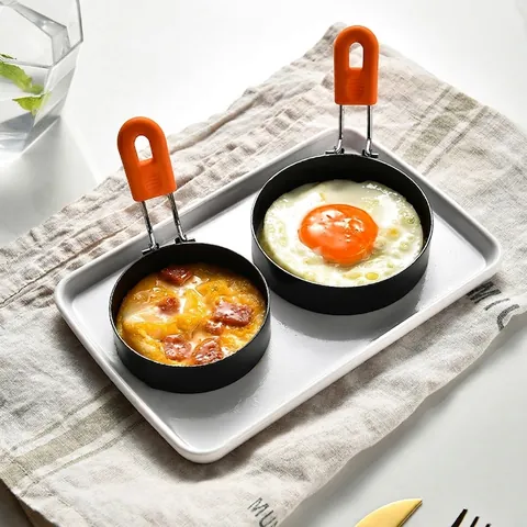 Non-stick Stainless Steel Round Egg Mold Ring With Foldable Heat Resistant Silicone Handle For Frying Eggs Pancakes Breakfast Kitchen Cooking Tool