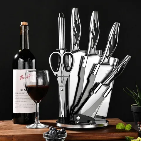 6 Piece Stainless Steel Kitchen Knife Set with Acrylic Rotating Stand Forged High Carbon Steel Chef Slicing Knives Shears Rod