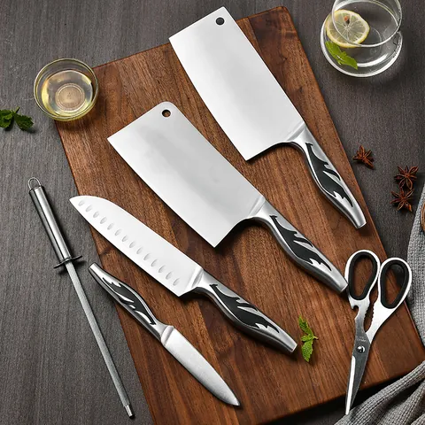 6 Piece Stainless Steel Kitchen Knife Set with Acrylic Rotating Stand Forged High Carbon Steel Chef Slicing Knives Shears Rod