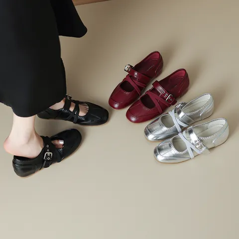 Vintage Mary Jane Shoes For Women Ballet Style Flats Cross Elastic Straps Metal Buckle Round Toe Comfortable Casual Low Top Walking Shoes