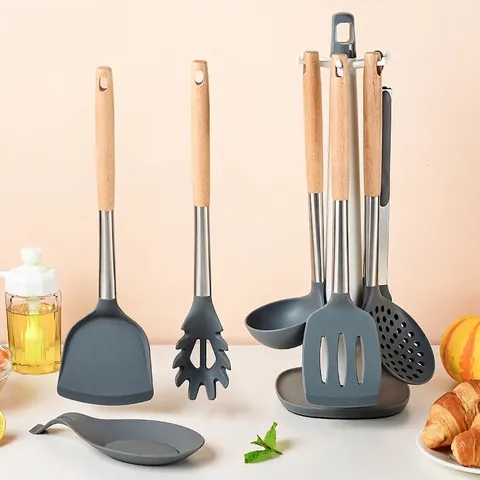 Silicone Kitchen Utensil Set With Wooden Handle Spatula Slotted Spoon Soup Spoon Pasta Server Food Tongs Turner For Home
