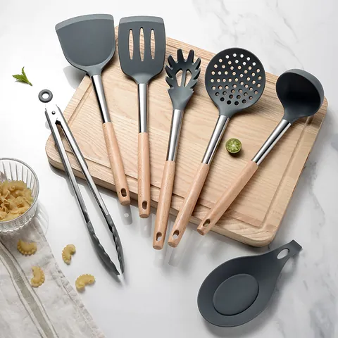 Silicone Kitchen Utensil Set With Wooden Handle Spatula Slotted Spoon Soup Spoon Pasta Server Food Tongs Turner For Home
