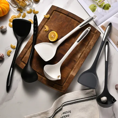 Silicone Oil Filter Spoon And Spatula Heat Resistant Non Stick Kitchen Cooking Utensil With Long Handle Stainless Steel Accents Home Kitchenware