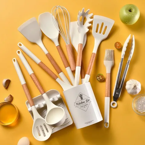 Silicone Kitchen Utensil Set With Wood Handle Heat Resistant Non Stick Cooking Tools Spatula Soup Spoon Whisk Turner