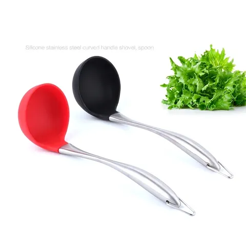 Silicone Stainless Steel Soup Spoon Heat Resistant Non-Stick Large Ladle Long Handle Kitchen Cooking Utensil For Home Use