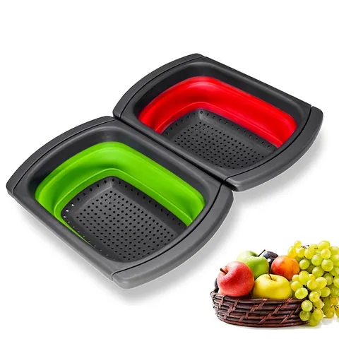 Square Collapsible Fruit Drain Basket Retractable Kitchen Washing Basket Foldable Silicone Plastic Sink Drain Basket