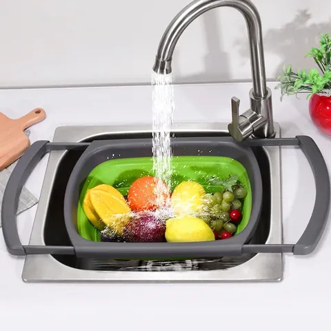 Square Collapsible Fruit Drain Basket Retractable Kitchen Washing Basket Foldable Silicone Plastic Sink Drain Basket