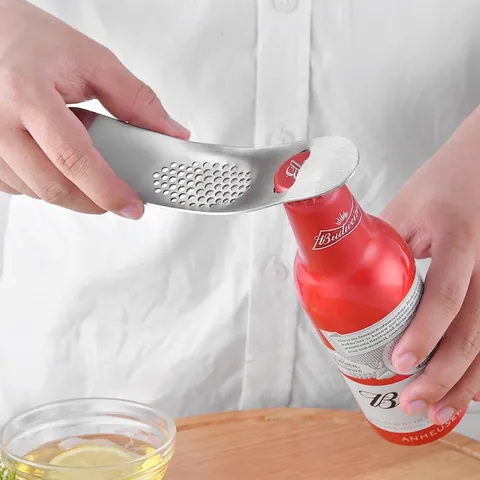 2-in-1 Manual Stainless Steel Garlic Press And Bottle Opener Kitchen Rocker Mincer Crusher Ergonomic Brushed Metal Mashing Tool