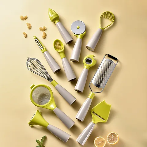 11 Pcs Stainless Steel Kitchen Gadget Set With Standing Handles Olive Green Modern Peeler Whisk Pizza Cutter Grater Cooking Tools