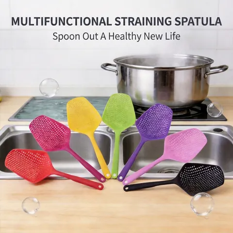 Multi Functional PP Plastic Kitchen Slotted Spoon Heat Resistant Colander Strainer For Draining Vegetables Large Draining Spatula Ice Shovel Long Handle Hanging Hole Kitchen Tool