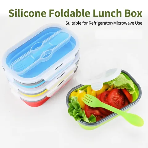 Portapranzo Pieghevole in Silicone Espandibile Bento Box Portatile Con Forchetta per Bambini Scuola Picnic Viaggio Contenitore per Alimenti