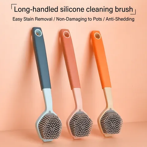 Long Handle Silicone Dish Brush Non-stick Pot Cleaning Scraper Soft Bristles Kitchen Scrubber For Sink Pan Bowl Dish
