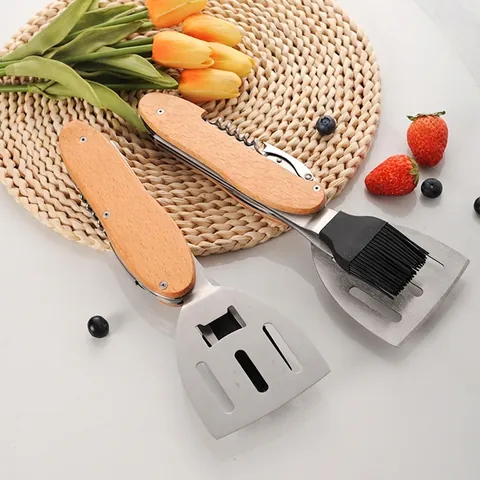 Multifunctional Stainless Steel BBQ Tool Set With Wooden Handle Folding Spatula Grill Fork Oil Brush For Outdoor Camping