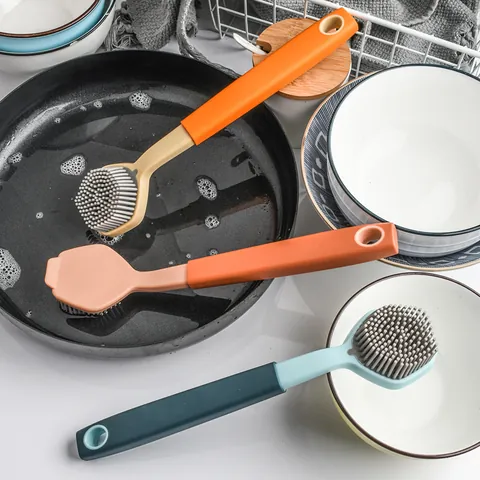 Long Handle Silicone Dish Brush Non-stick Pot Cleaning Scraper Soft Bristles Kitchen Scrubber For Sink Pan Bowl Dish