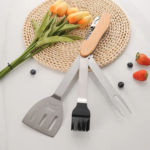 Multifunctional Stainless Steel BBQ Tool Set With Wooden Handle Folding Spatula Grill Fork Oil Brush For Outdoor Camping