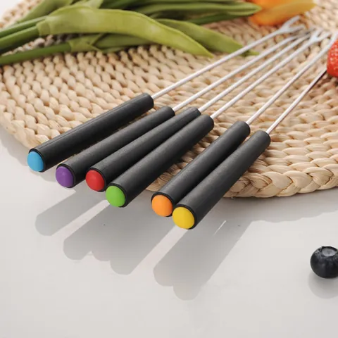 Stainless Steel Fondue Forks With Multi Colored Handles For Chocolate Cheese BBQ Fruit Double Prong Dessert Tableware