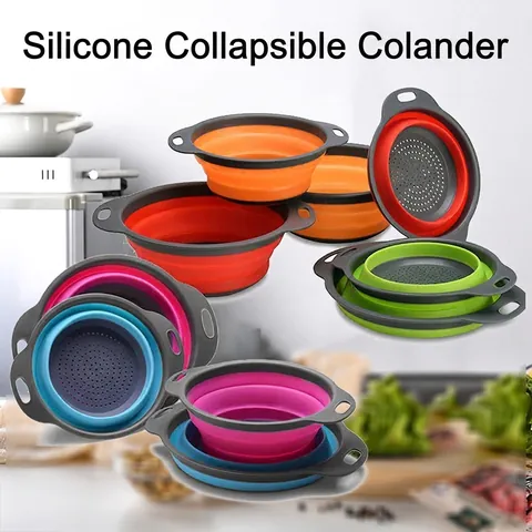 Round Collapsible Colander Set Plastic Folding Fruit Vegetable Draining Basket Kitchen Space Saving Washing Bowl For Home