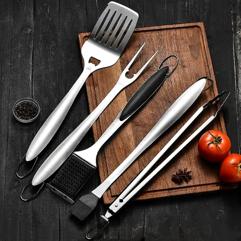 Professional 430 Stainless Steel BBQ Grill Tools Set Heavy Duty Barbecue Spatula Fork Tong Basting Brush Grilling Utensils