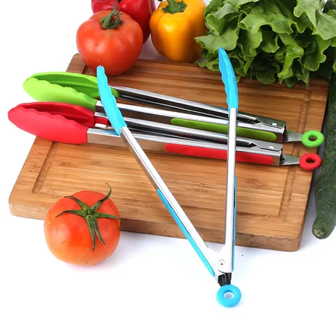 Stainless Steel Food Tongs Silicone Heat Resistant Bread Salad Kitchen Tongs With Hanging Lock Ring Non Slip Serving Tongs