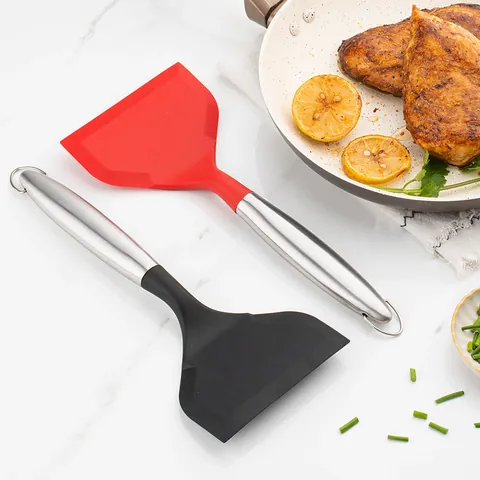 Heat Resistant Silicone Spatula With Stainless Steel Handle Wide Mouth Turner For Tamagoyaki Non-Stick Pan Kitchen Cooking Shovel Tool
