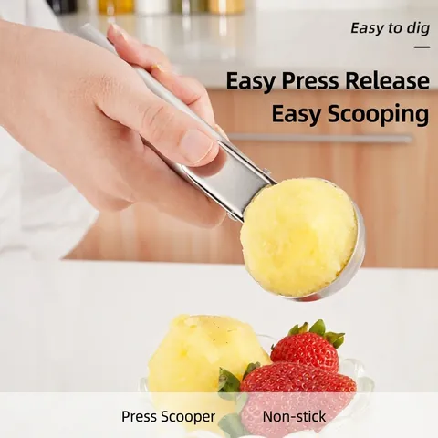 304 Stainless Steel Ice Cream Scoop With Trigger Release Professional Cookie Dough Fruit Ball Maker Metal Scooper For Kitchen Home