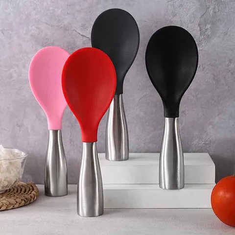 Non-Stick Silicone Rice Spoon With Stainless Steel Handle Heat Resistant Serving Paddle For Rice Cooker Kitchen Serving Tool