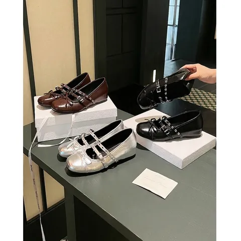 French Style Women Mary Jane Shoes Hidden Wedge Ballerina Flats With Bow And Multi Straps Elegant PU Leather Single Shoes