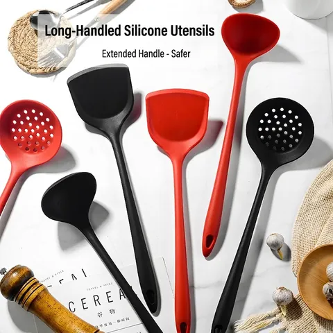 Long Handle Silicone Spatula Soup Spoon Colander Integrated Heat Resistant Non Stick Kitchen Cooking Utensils For Non-Stick Pans