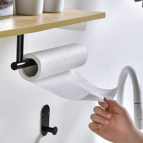 Matte Black Stainless Steel Wall Mounted Towel Hook And Paper Towel Holder For Bathroom Kitchen Minimalist Storage Rack