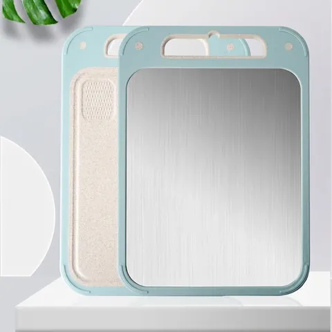 Double Sided 304 Stainless Steel Wheat Straw Cutting Board Kitchen Non-Slip Antibacterial Chopping Board with Hanging Hole Grinding Area Square Kitchen Gadget