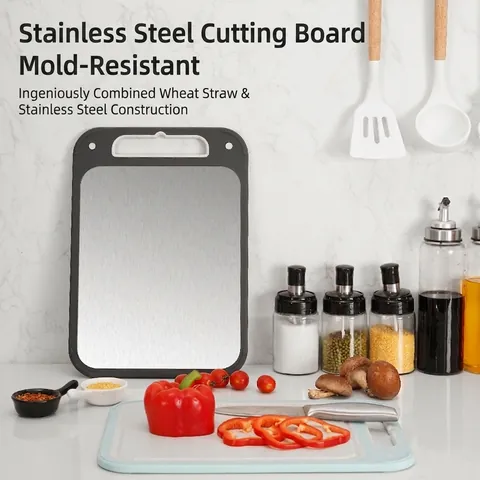 Double Sided 304 Stainless Steel Wheat Straw Cutting Board Kitchen Non-Slip Antibacterial Chopping Board with Hanging Hole Grinding Area Square Kitchen Gadget