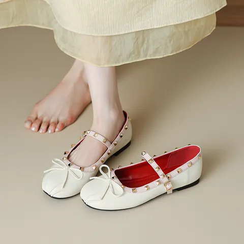 Zapatos Mary Jane para Mujer Microfibra Remaches Lazo Punta Redonda Bailarinas Correa en T Hebilla Vintage Elegante Diario