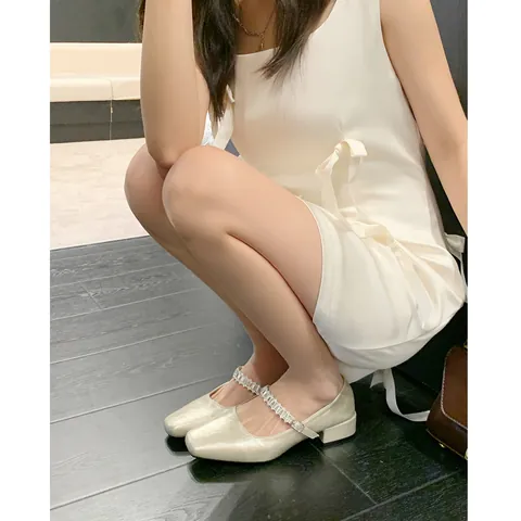 French Style Square Toe Mary Jane Shoes For Women Mid Chunky Heel Champagne Beige Black Rhinestone Buckle Strap Office Pumps